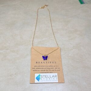 Gold Necklace with Blue Butterfly Pendant 9"